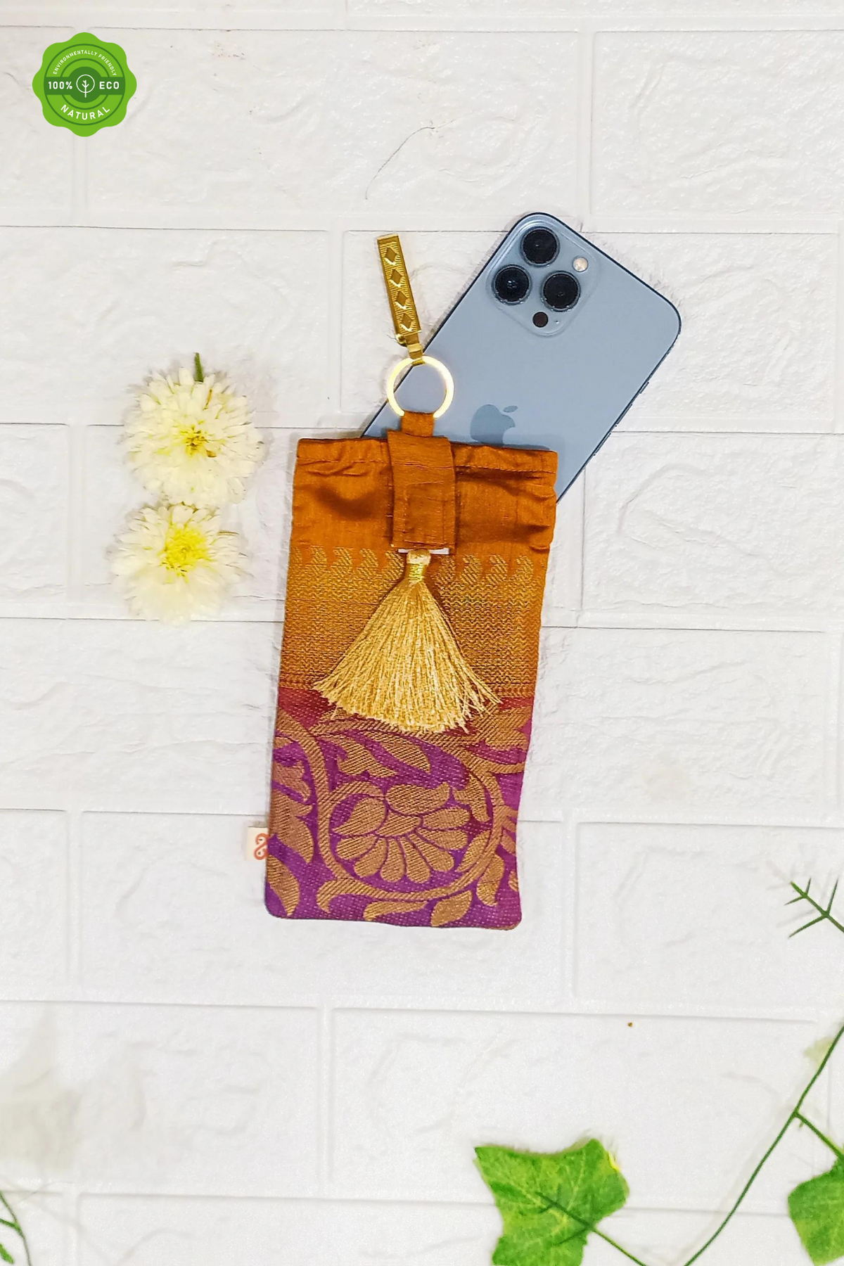 Brown-purple brocade mobile pouch