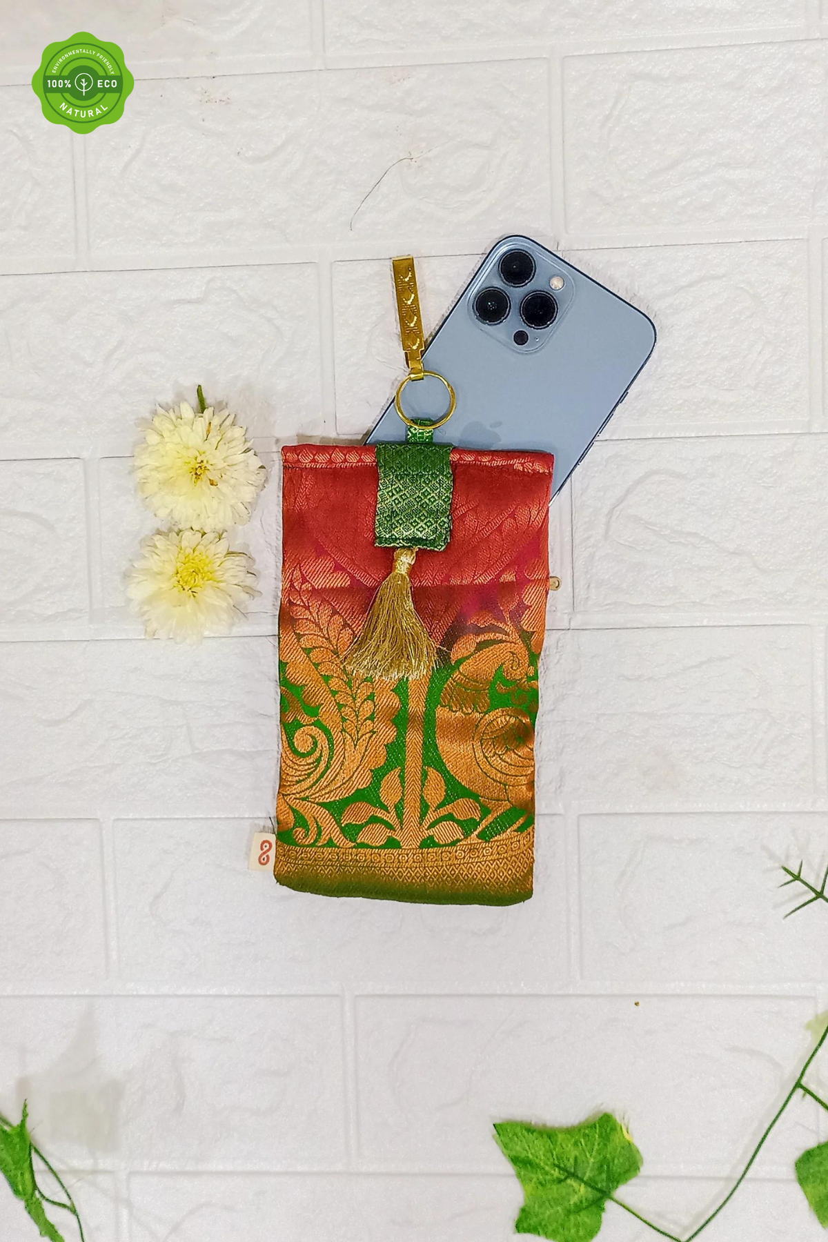 Green brocade mobile pouch