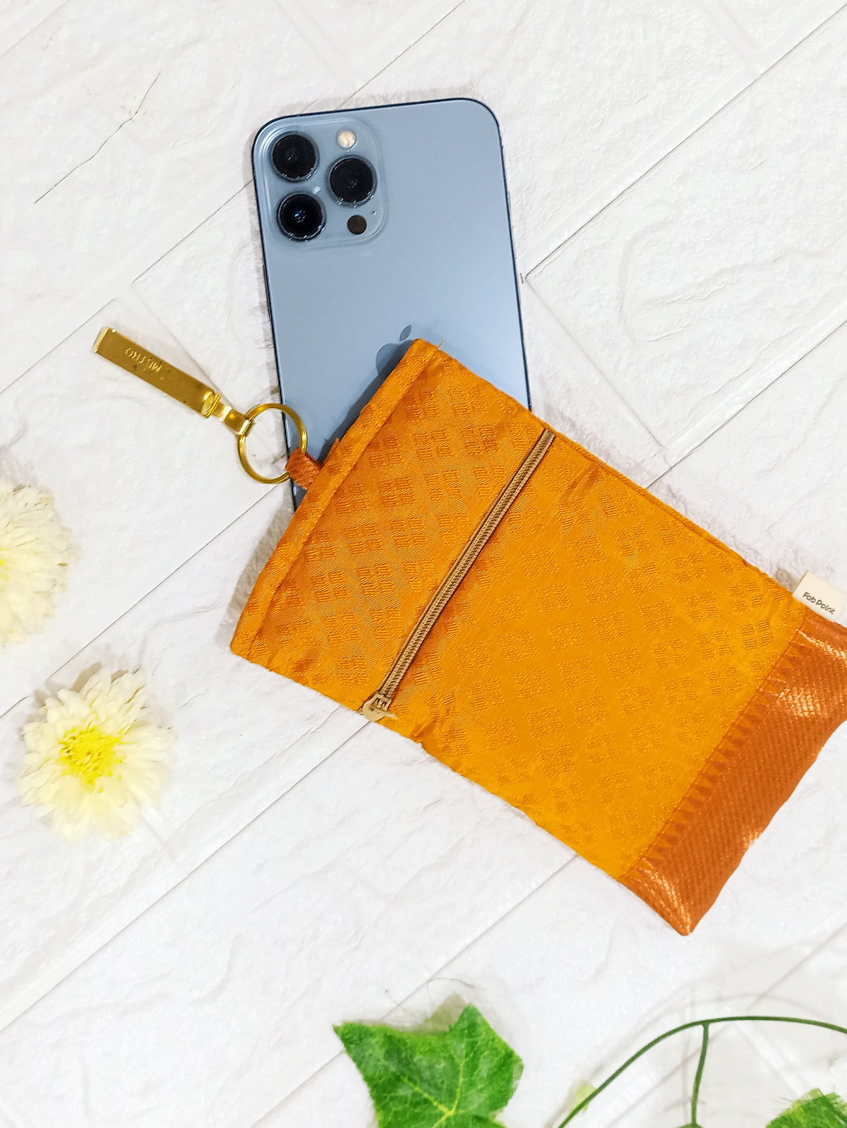 Yellow-brown brocade mobile pouch