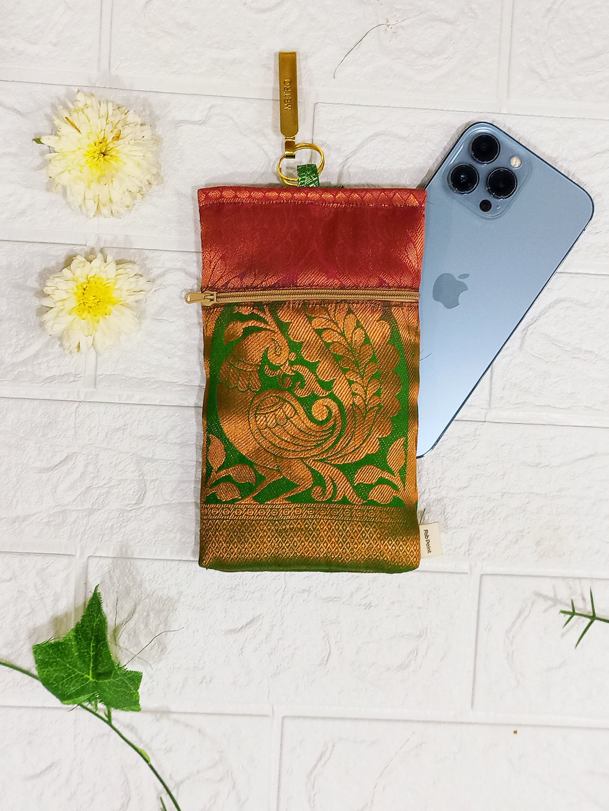 Green brocade mobile pouch