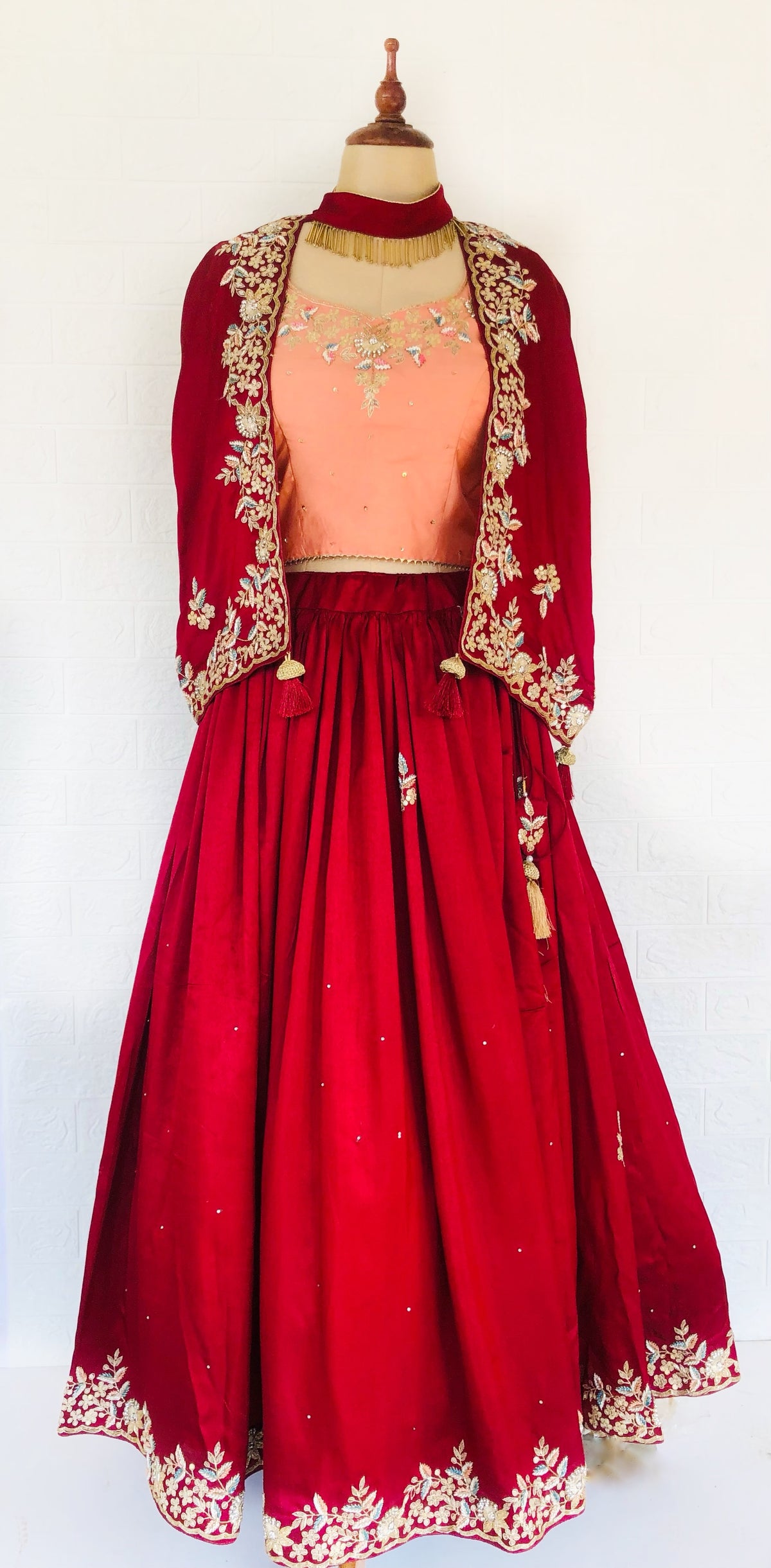 Ruby Red Lehenga With Poncho