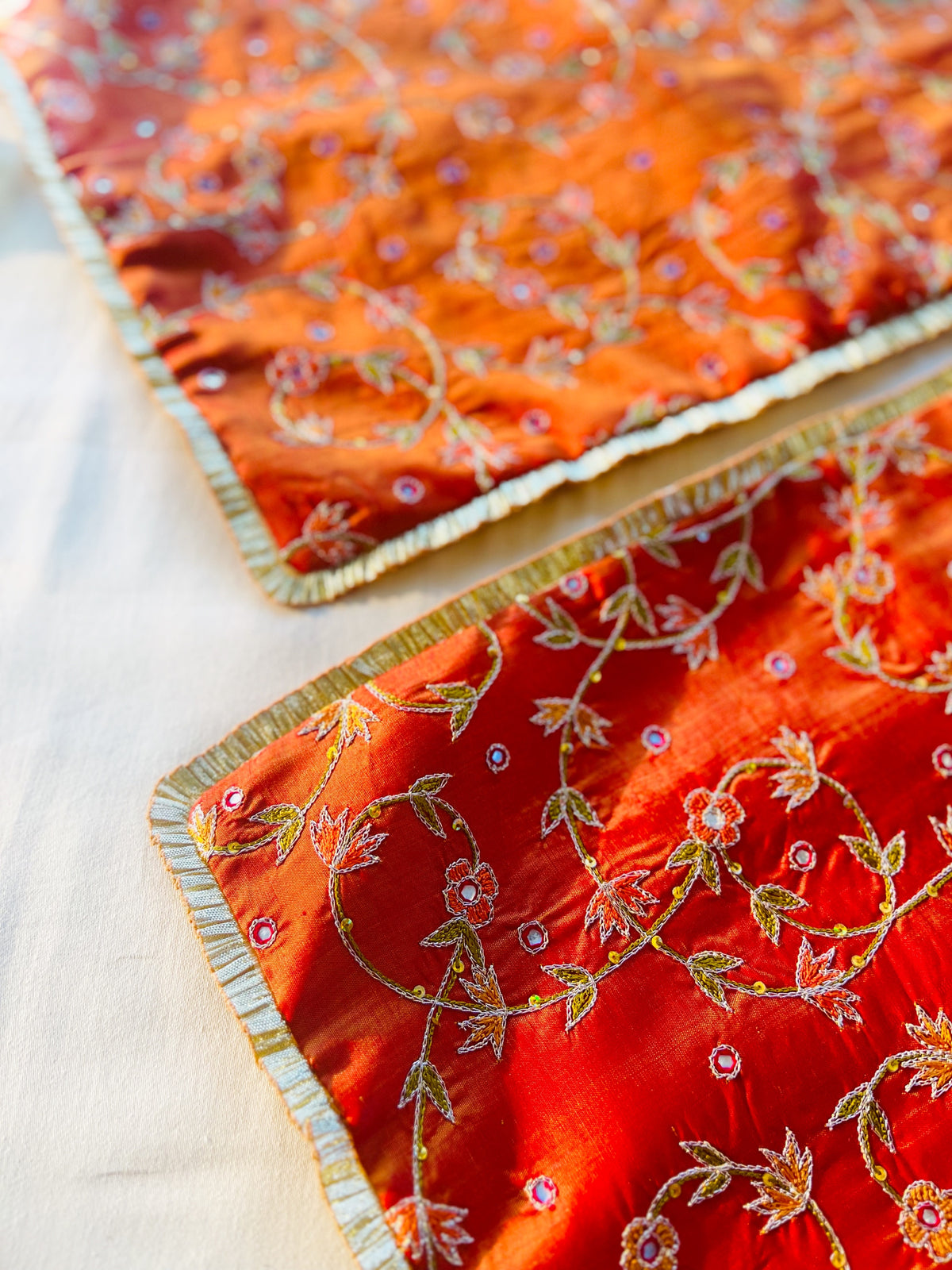 Rusted Orange &amp; White Mats, Cushion Covers and Clutch