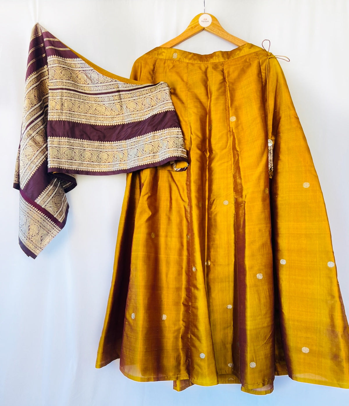 Golden Mustard Lehenga &amp; Wine Crop Top