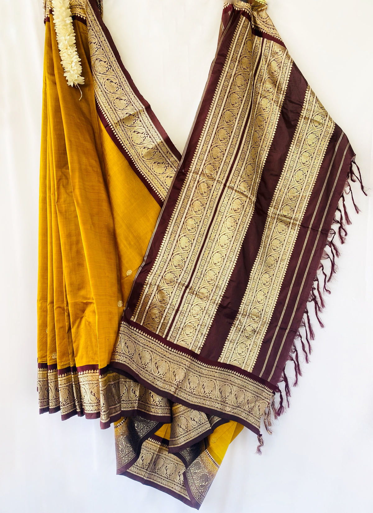 Golden Mustard Lehenga &amp; Wine Crop Top