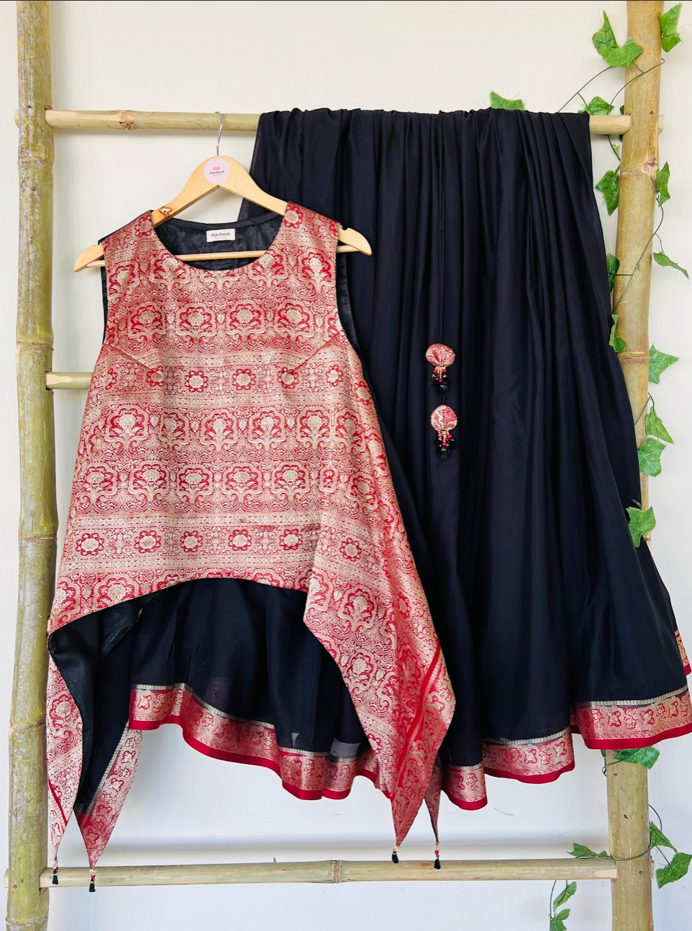 Black &amp; Red Lehenga- Kaftan Top Set