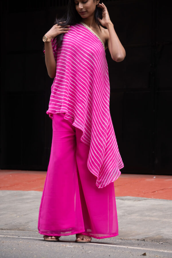 Pink leheriya asymmetric top with flared pant - Image 3