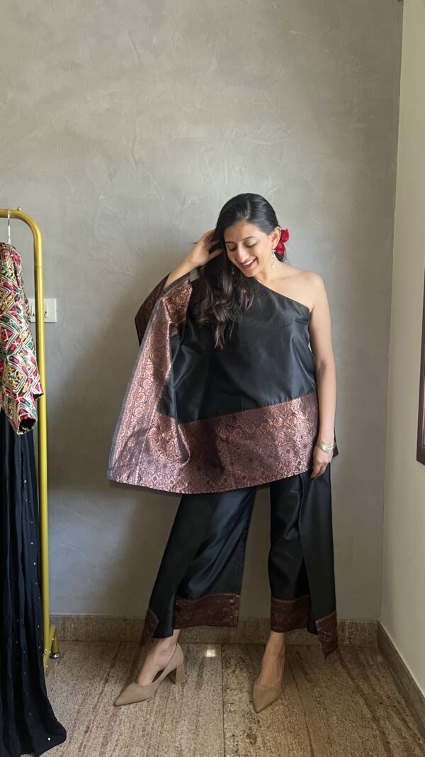 Black one shoulder top and wrap pant