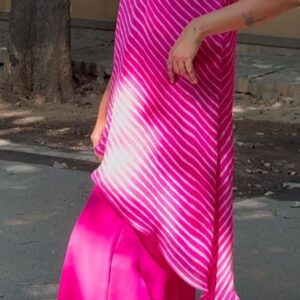 Pink leheriya asymmetric top with flared pant