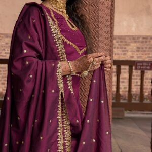 Wine Embroidered short kurta and banarasi bottom