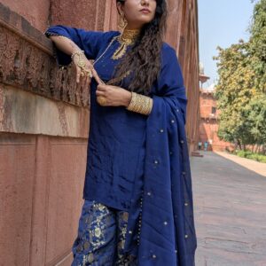 Blue Embroidered short kurta and banarasi bottom